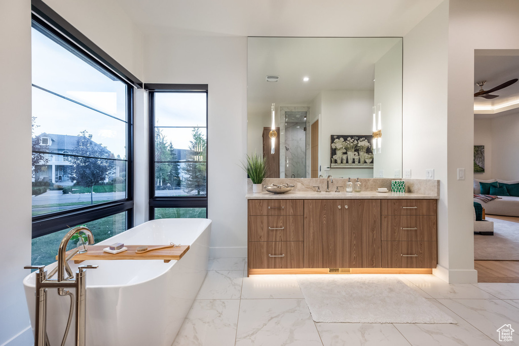 Bathroom featuring vanity, a bathtub, and ceiling fan