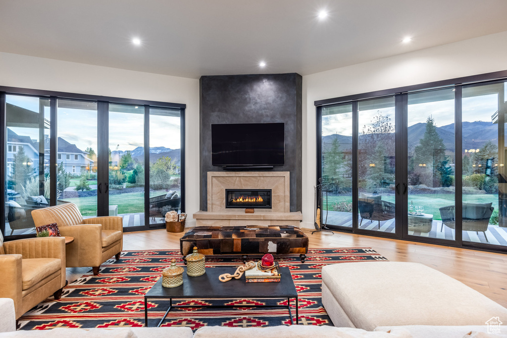 Living room with a large fireplace and light hardwood / wood-style flooring