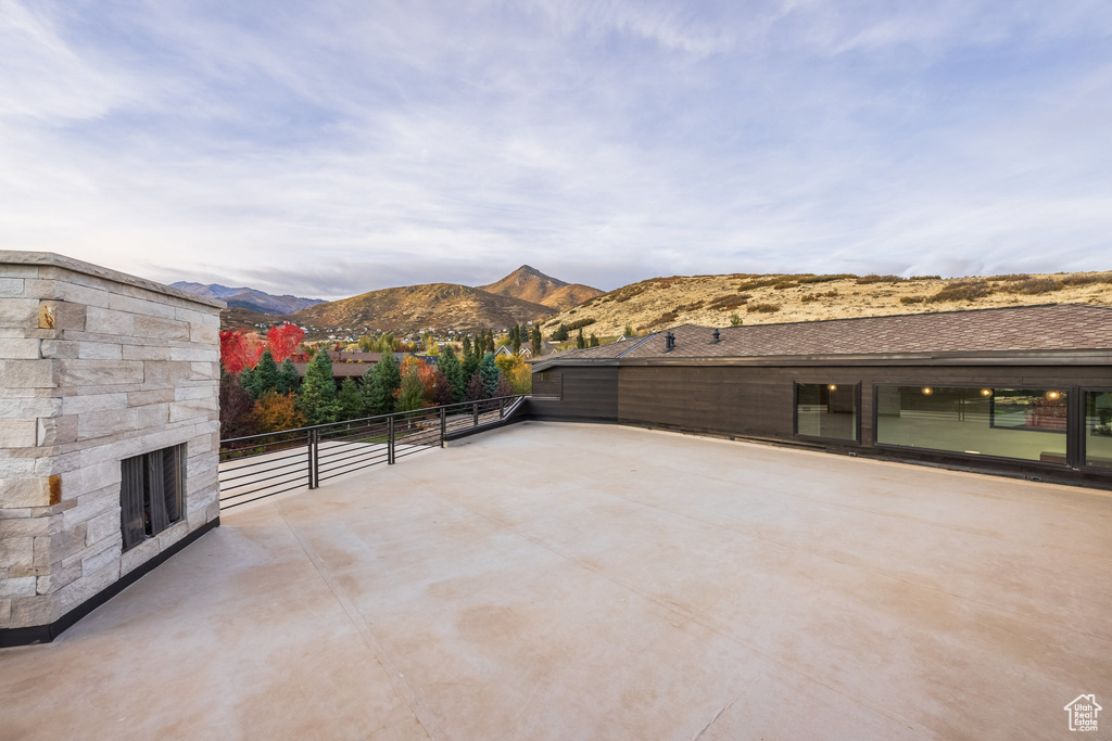 View of patio featuring a mountain view