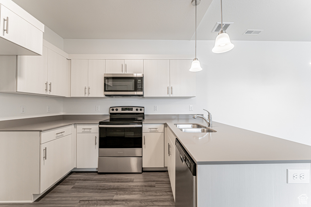 Kitchen with appliances with stainless steel finishes, a peninsula, a sink, dark wood-style flooring, and hanging light fixtures