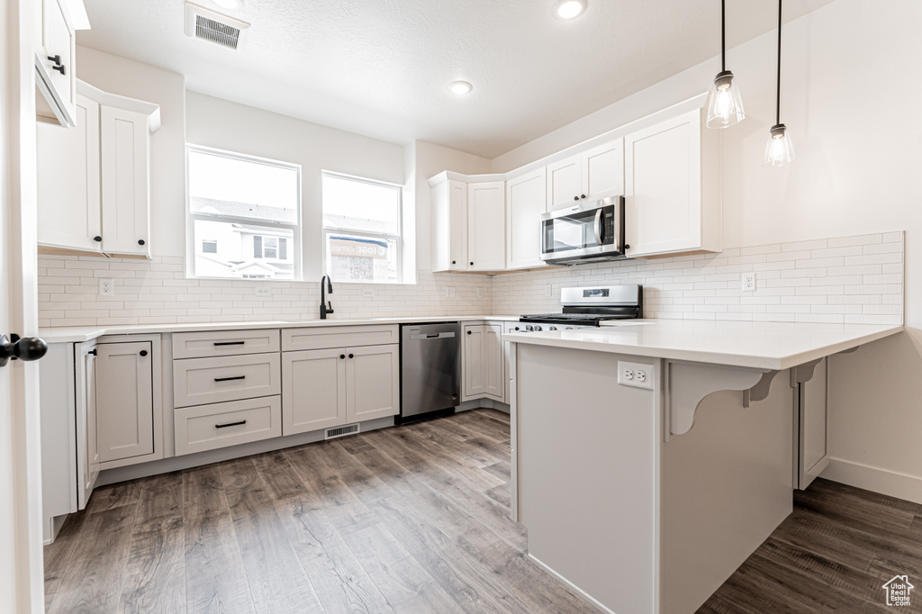 Kitchen featuring a sink, backsplash, wood finished floors, appliances with stainless steel finishes, and a peninsula