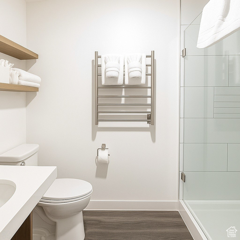Bathroom with radiator heating unit, wood finished floors, a stall shower, vanity, and a towel warmer