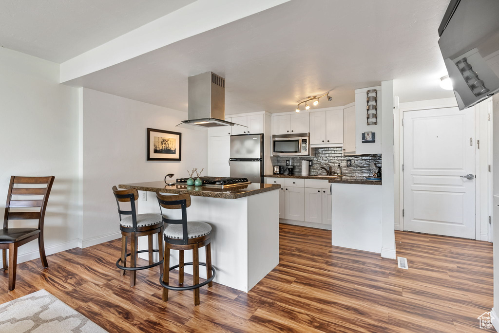 Kitchen with appliances with stainless steel finishes, backsplash, ventilation hood, dark wood-type flooring, and white cabinets