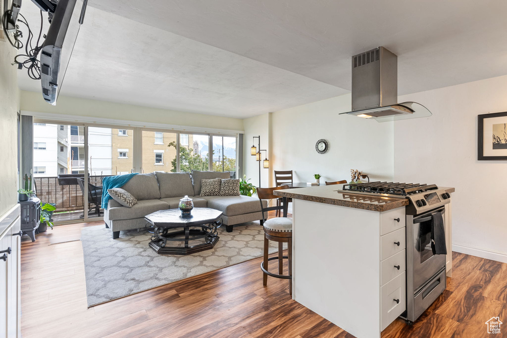 Kitchen with stainless steel gas stove, dark hardwood / wood-style floors, white cabinetry, and exhaust hood