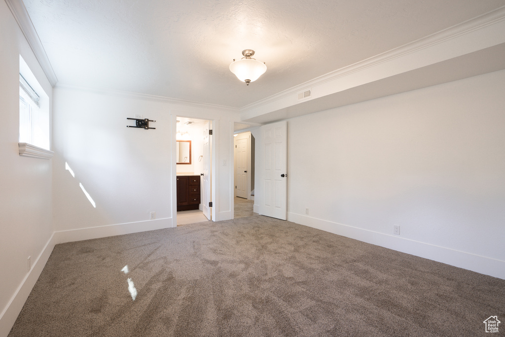 Empty room with carpet flooring and crown molding