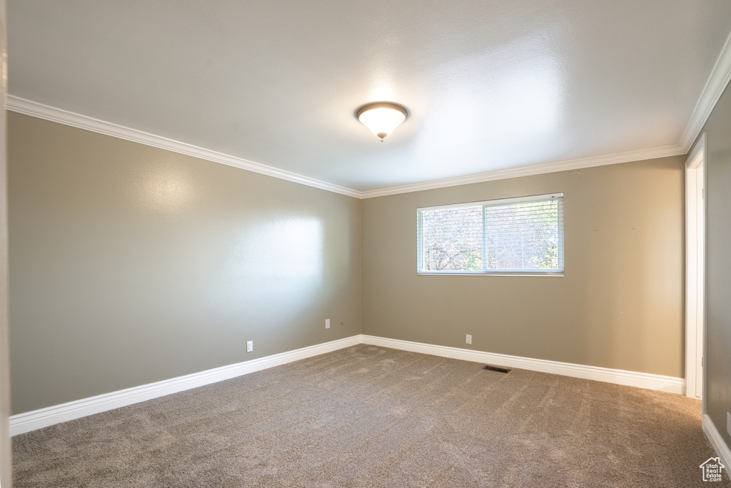 Empty room with carpet flooring and ornamental molding