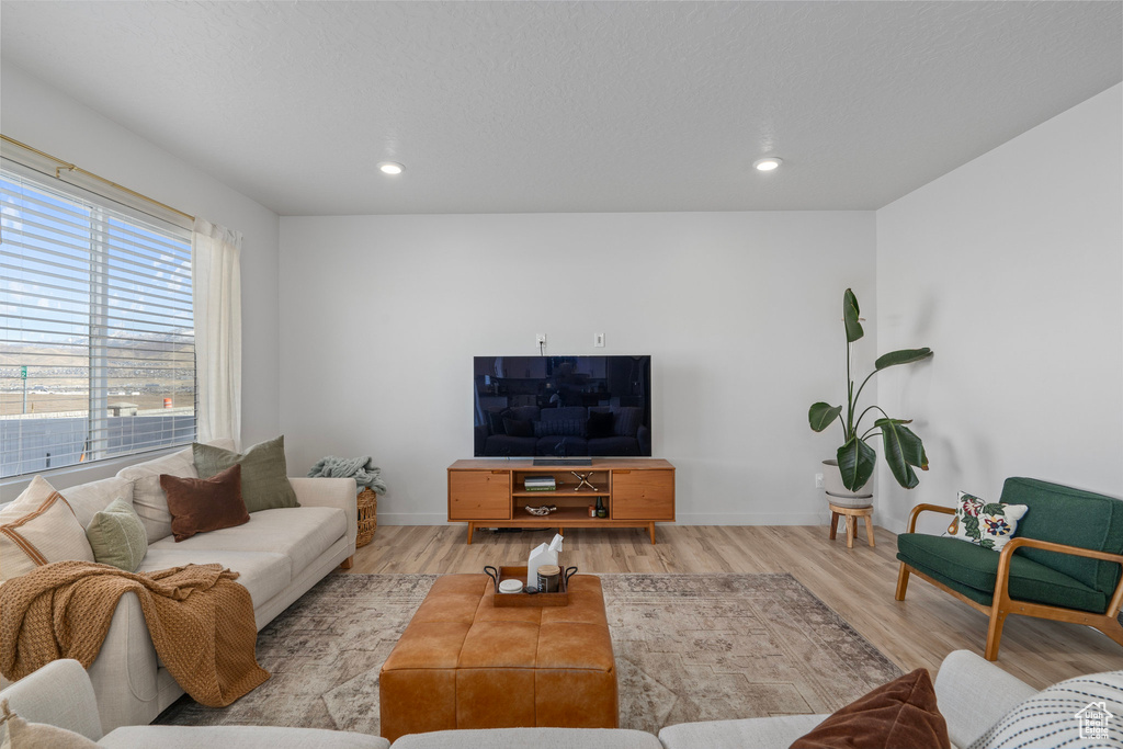 Living room with light hardwood / wood-style flooring