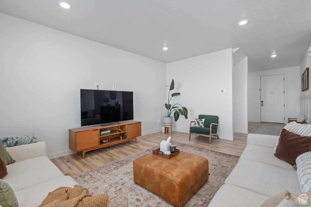 Living room with light hardwood / wood-style flooring and a textured ceiling