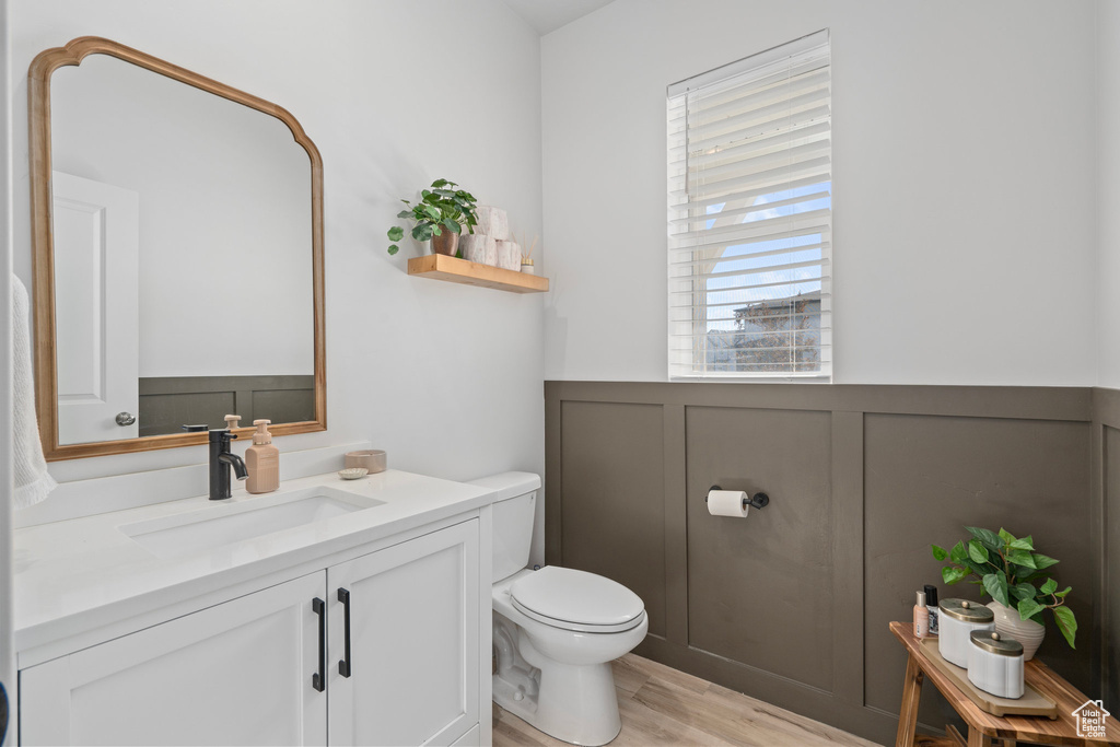 Bathroom featuring vanity, toilet, and wood-type flooring