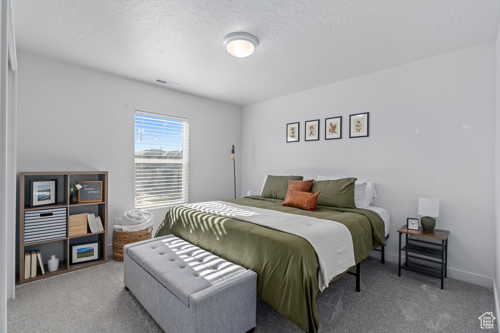 Bedroom featuring carpet and a textured ceiling