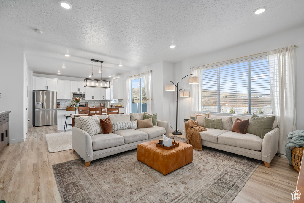 Living room featuring a healthy amount of sunlight, a textured ceiling, and light hardwood / wood-style floors