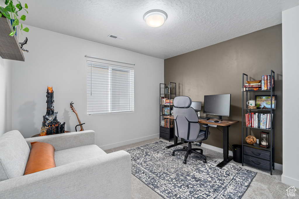 Office area with carpet flooring and a textured ceiling