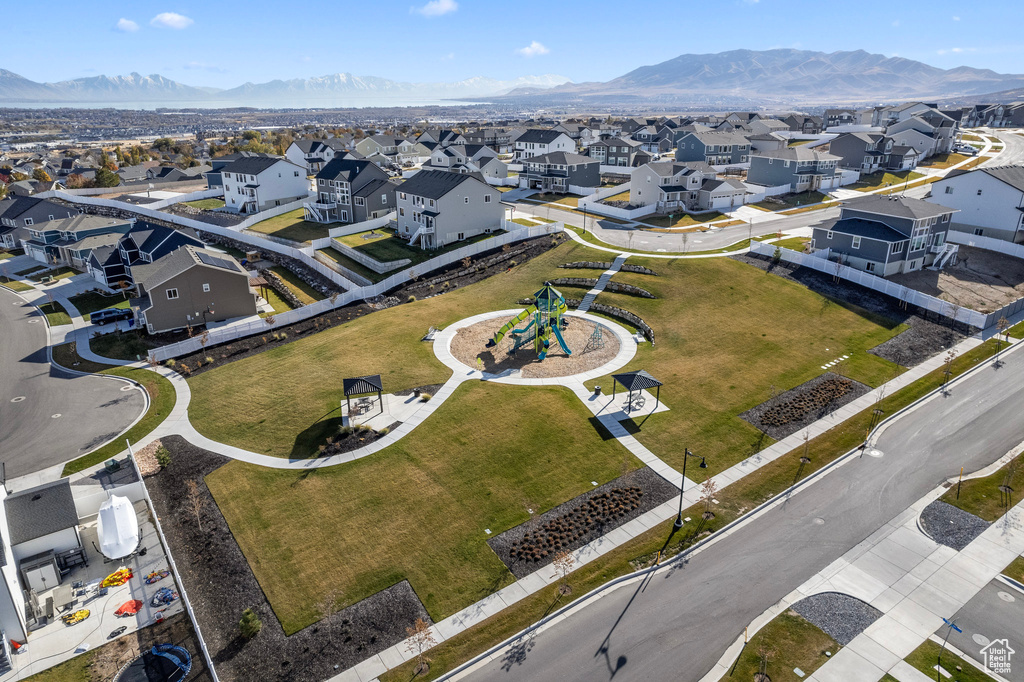 Drone / aerial view with a mountain view