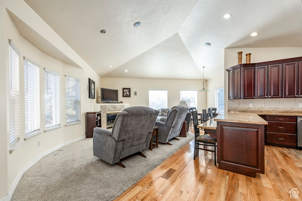 Living room with lofted ceiling, a wealth of natural light, and light hardwood / wood-style flooring