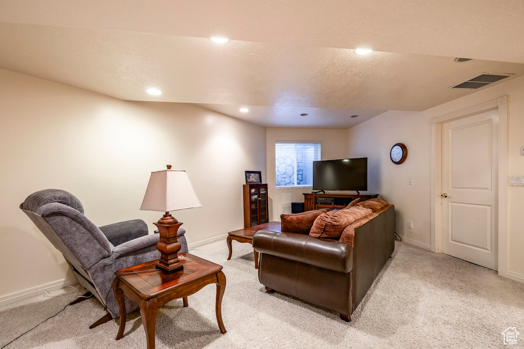 Living room featuring light carpet