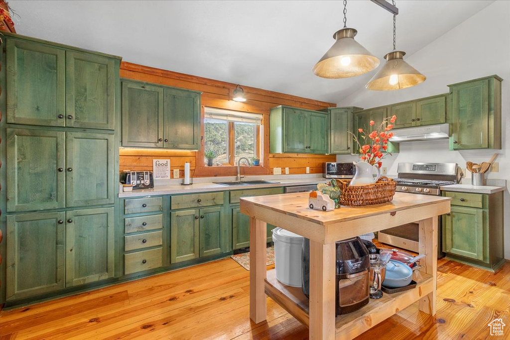 Kitchen featuring green cabinets and sink