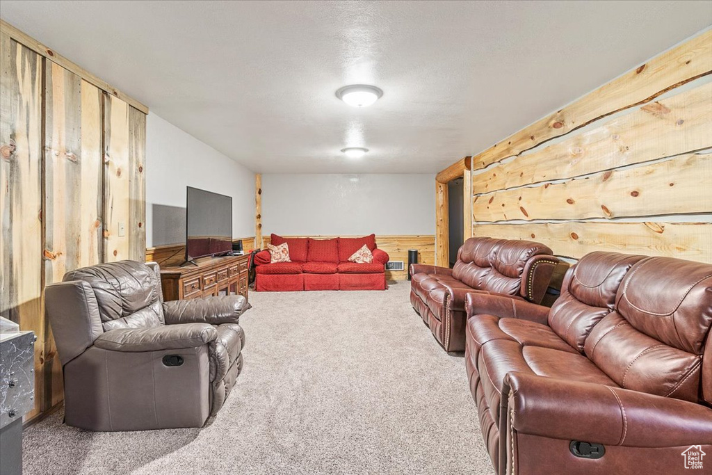 Carpeted living room featuring wooden walls
