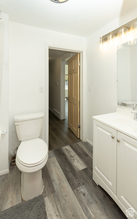 Bathroom featuring vanity, hardwood / wood-style flooring, and toilet