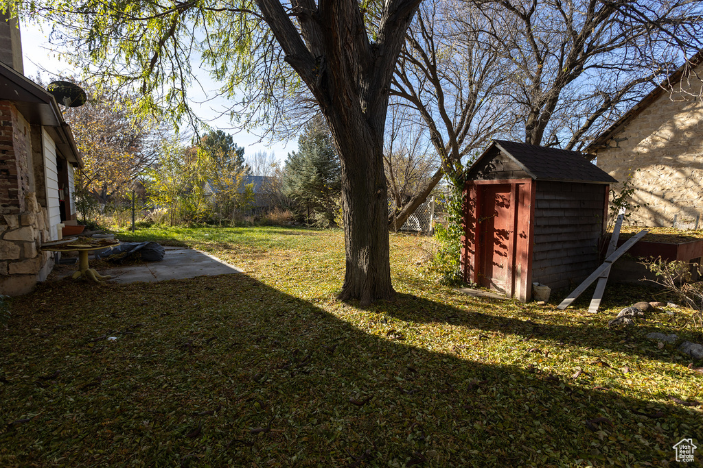 View of yard with a storage unit