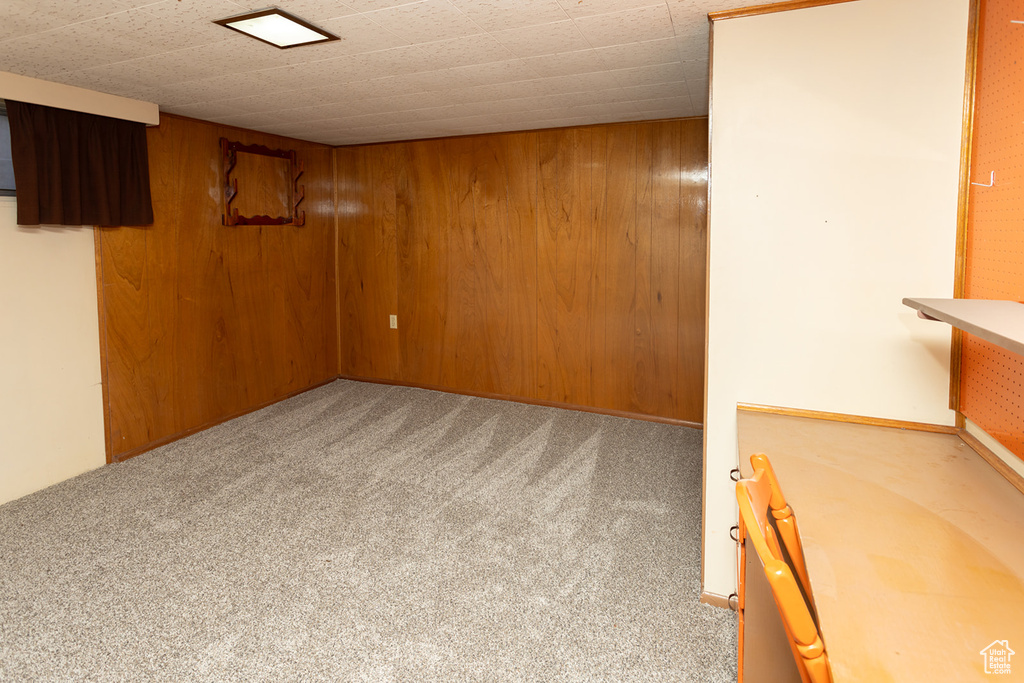 Basement featuring light colored carpet and wooden walls