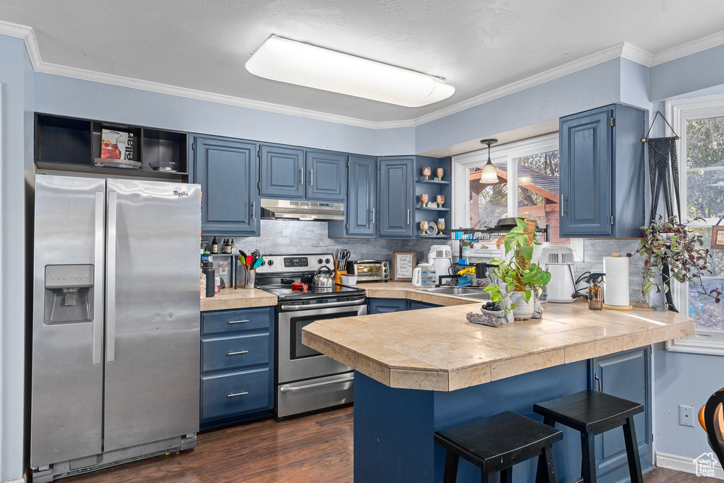 Kitchen with kitchen peninsula, appliances with stainless steel finishes, ornamental molding, blue cabinetry, and dark hardwood / wood-style floors