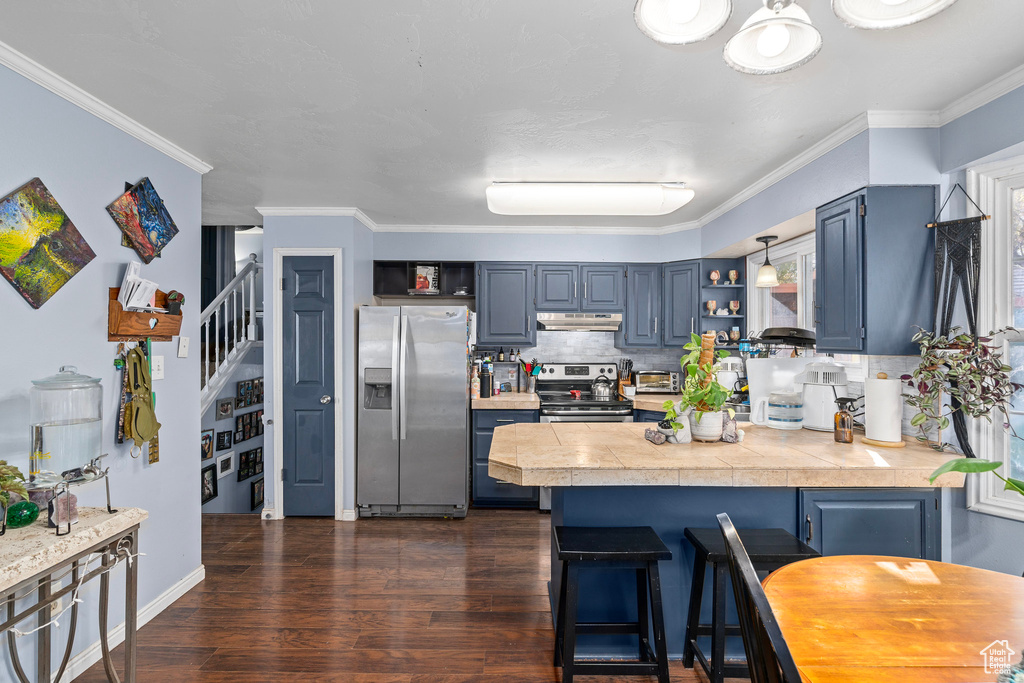 Kitchen featuring backsplash, blue cabinets, dark hardwood / wood-style floors, appliances with stainless steel finishes, and kitchen peninsula