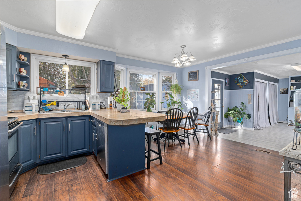 Kitchen featuring kitchen peninsula, dark hardwood / wood-style flooring, tasteful backsplash, stainless steel appliances, and blue cabinetry