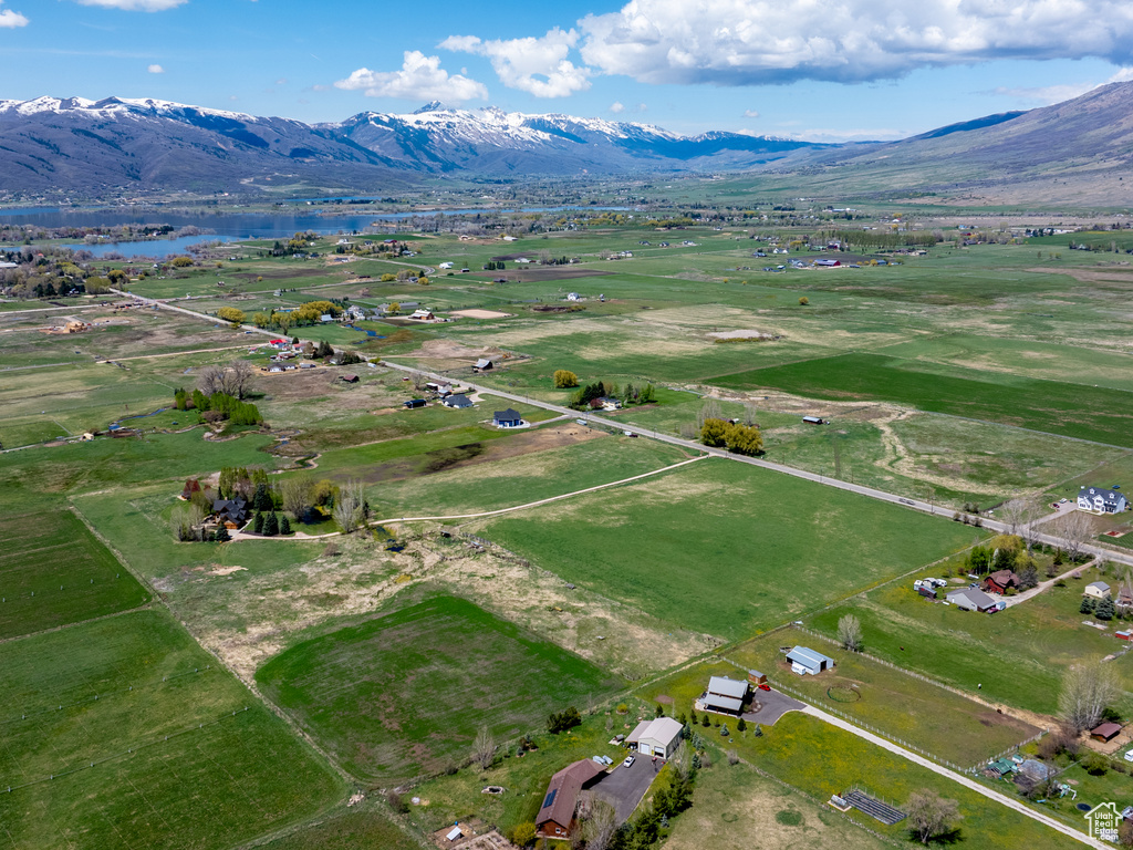 Aerial view with a water and mountain view