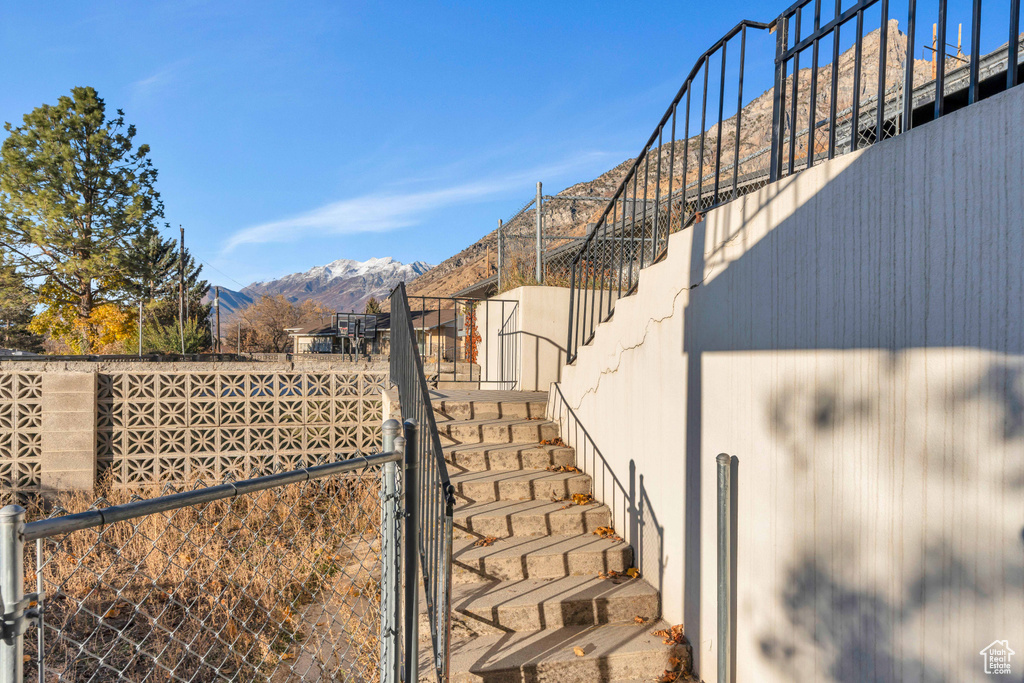 Exterior space featuring a mountain view