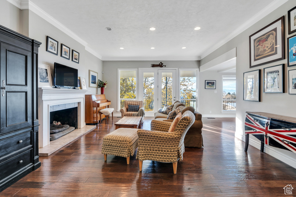 Living room featuring dark hardwood / wood-style flooring and ornamental molding