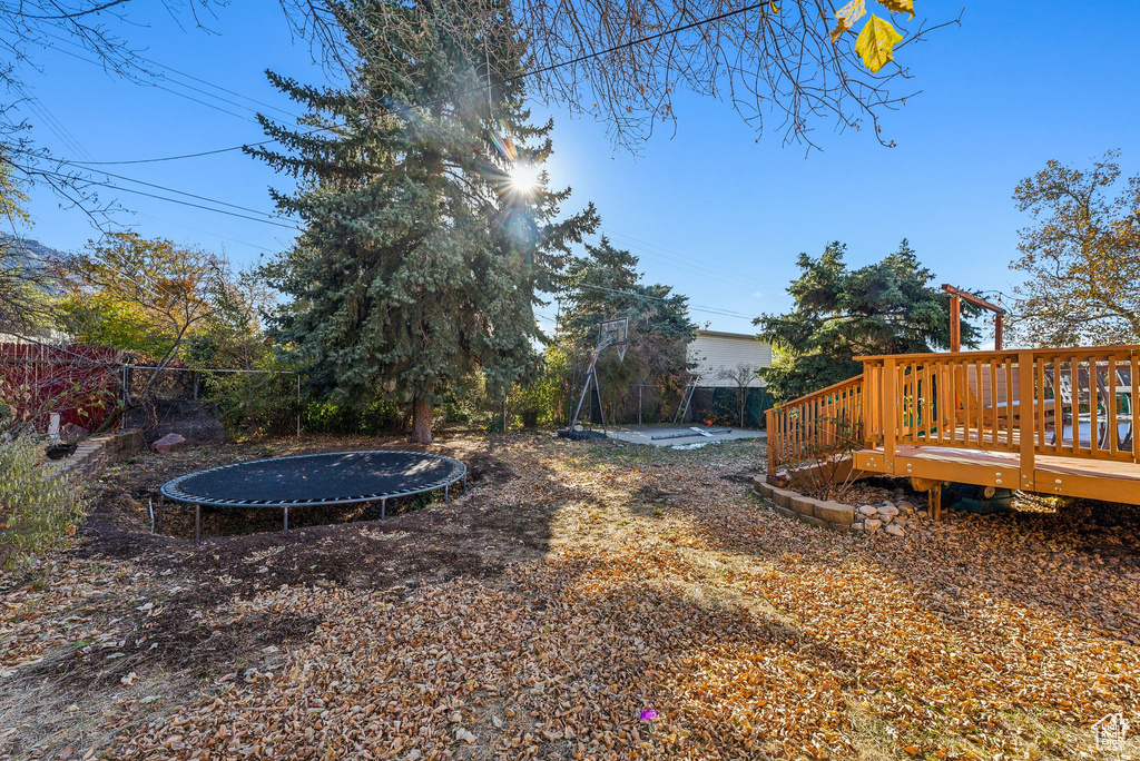 View of yard featuring a deck and a trampoline