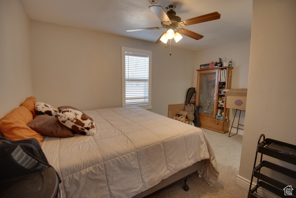 Carpeted bedroom with ceiling fan