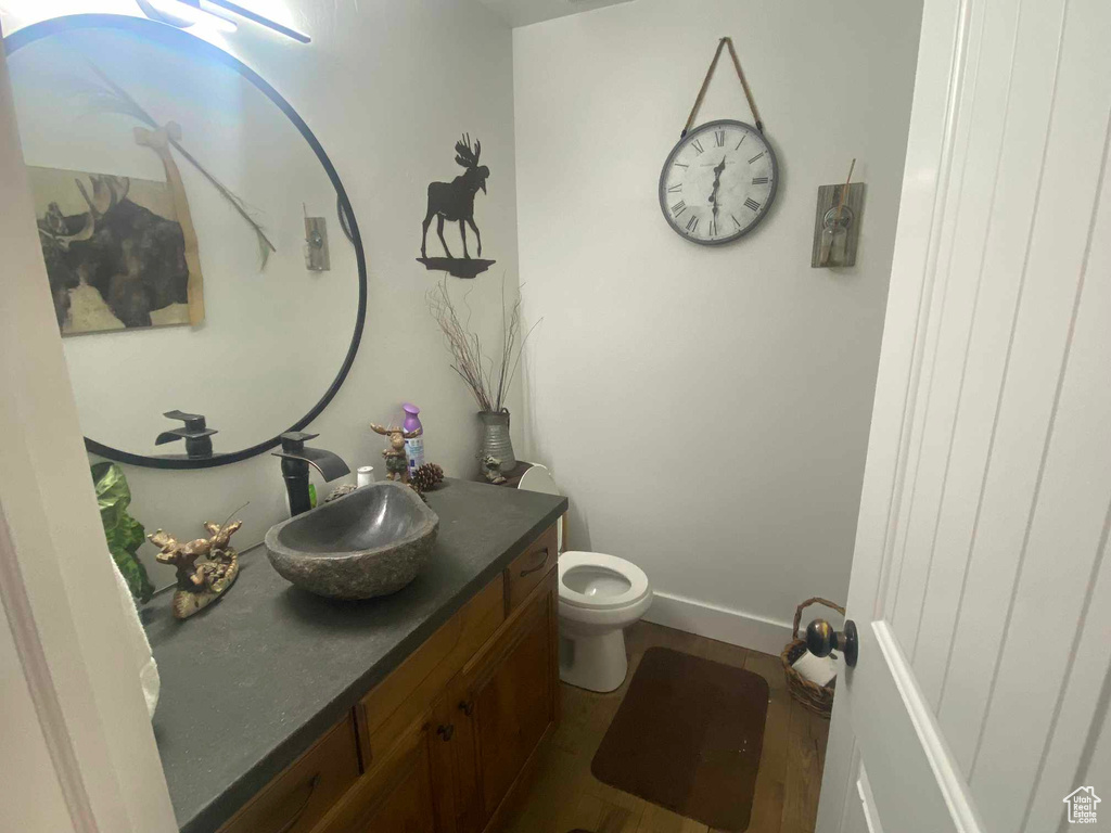 Bathroom with vanity, hardwood / wood-style flooring, and toilet