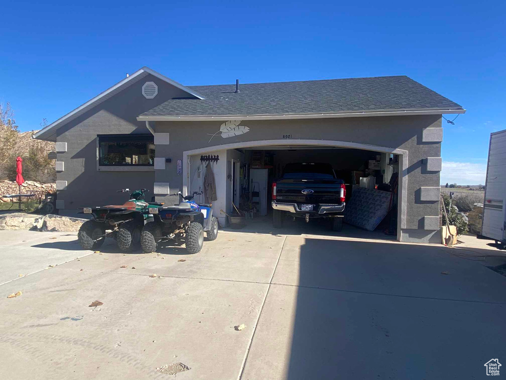 Exterior space featuring a garage