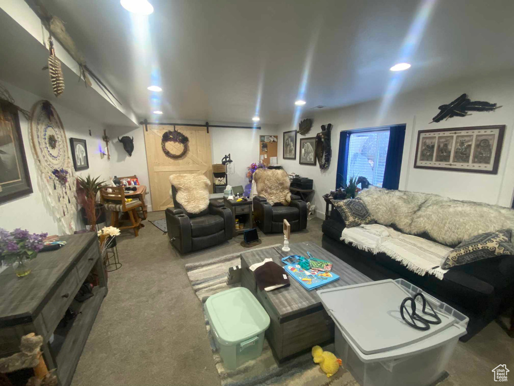 Carpeted living room with a barn door