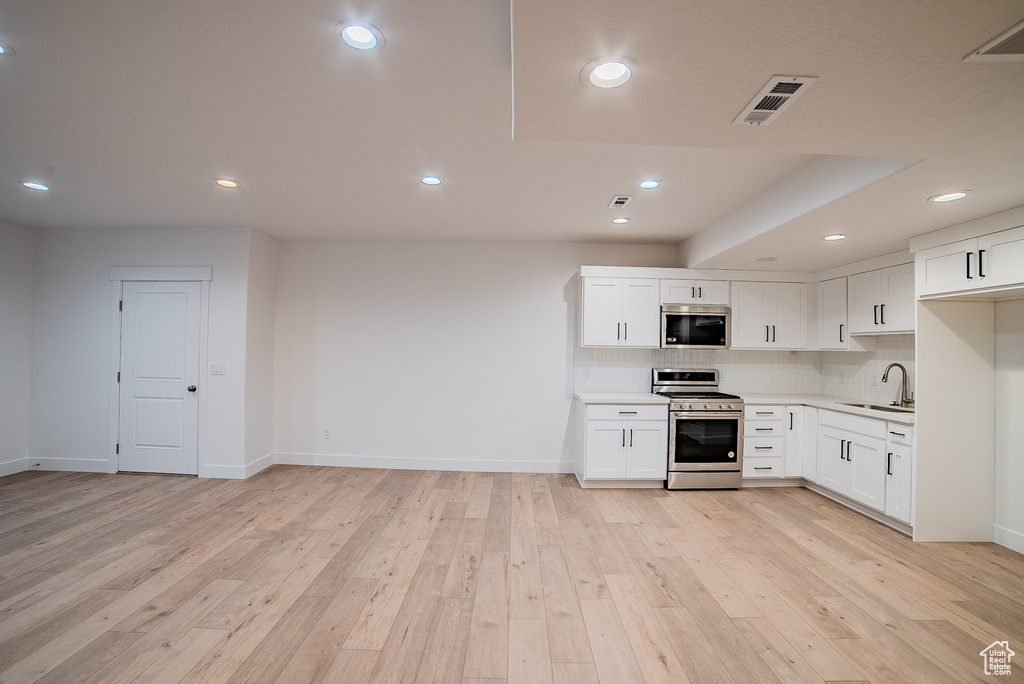 Kitchen with visible vents, a sink, decorative backsplash, stainless steel appliances, and light wood-type flooring