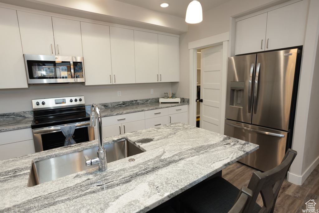Kitchen with dark hardwood / wood-style floors, light stone countertops, hanging light fixtures, and appliances with stainless steel finishes