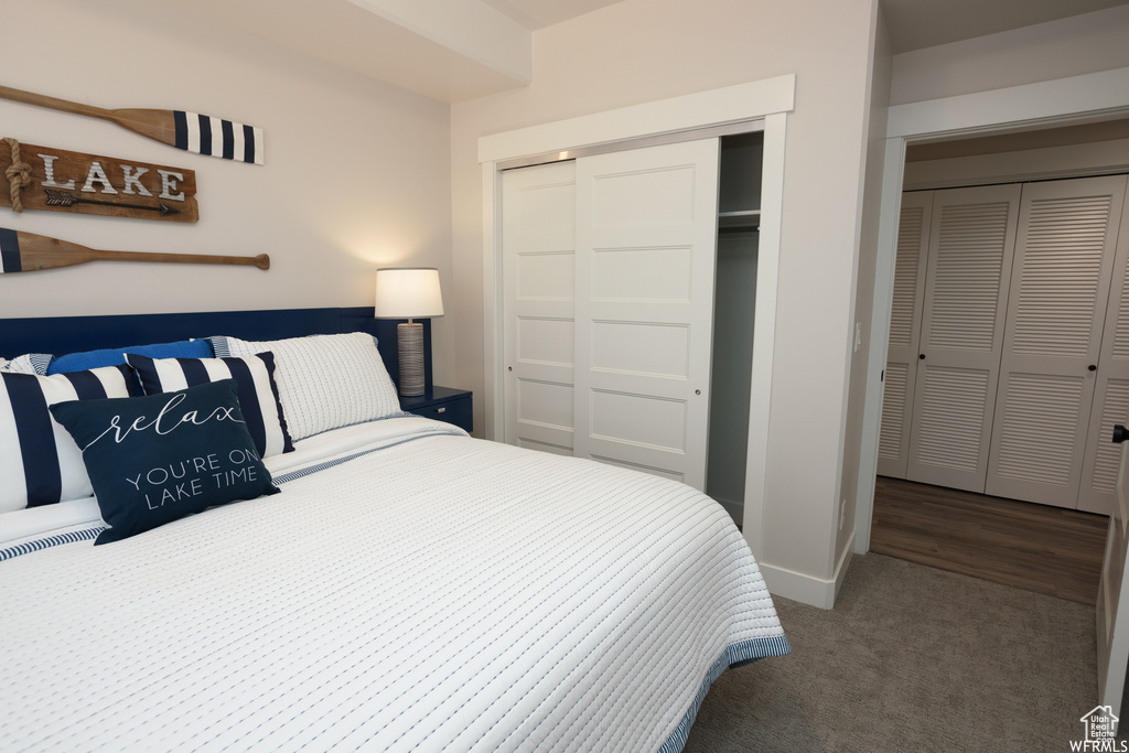 Carpeted bedroom featuring a closet
