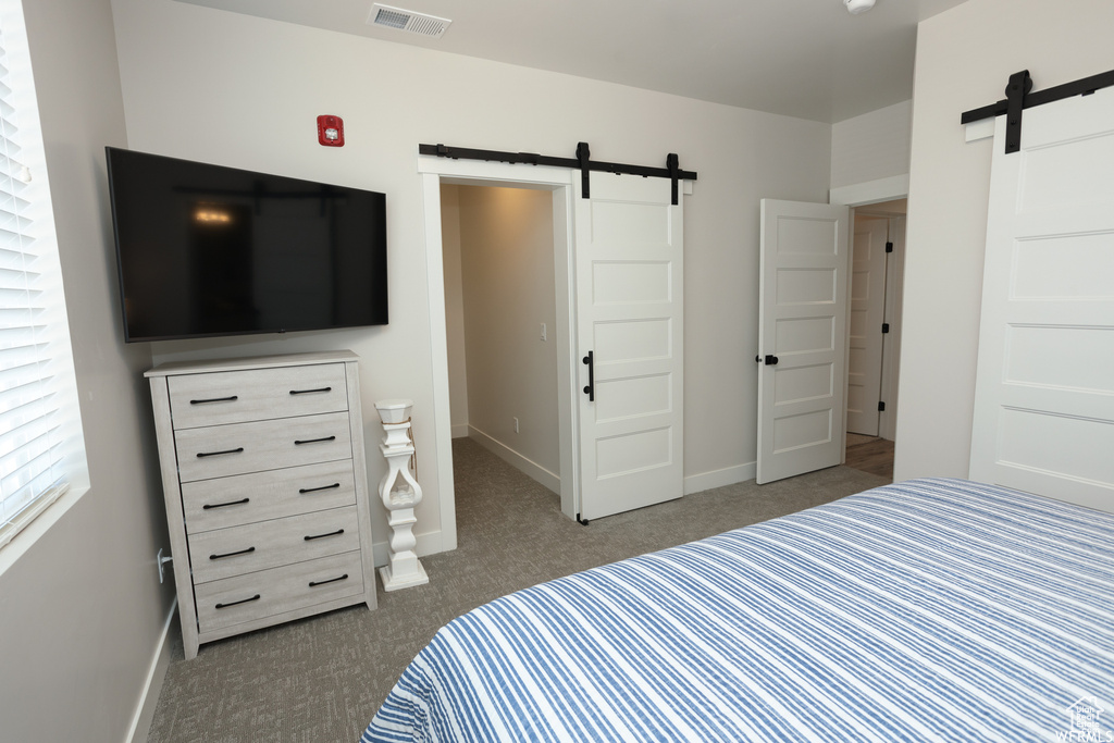 Carpeted bedroom featuring a barn door