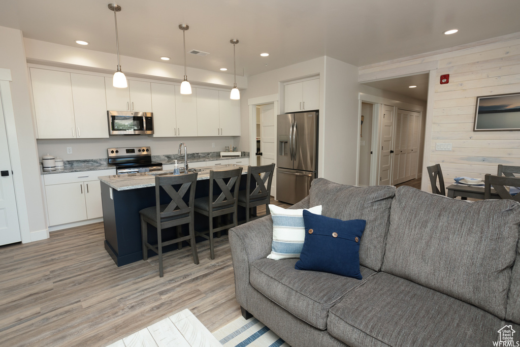 Living room with wooden walls, sink, and light hardwood / wood-style floors