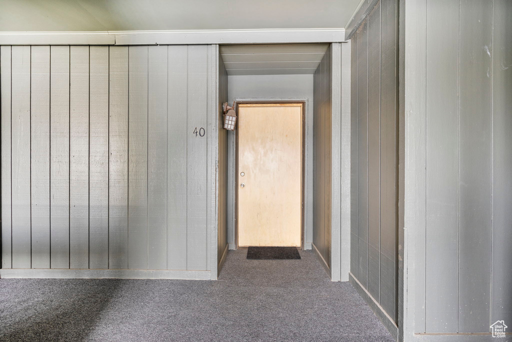 Hallway with carpet and wood walls