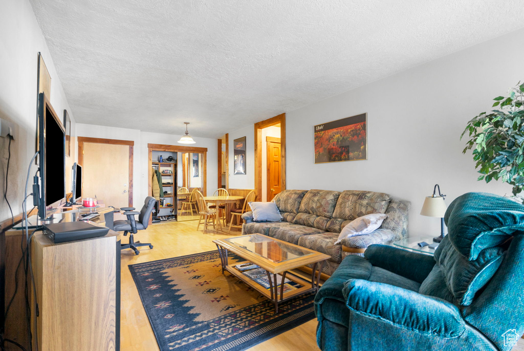 Living room with light hardwood / wood-style floors and a textured ceiling