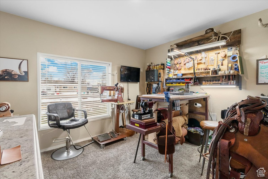Interior space featuring carpet flooring and a workshop area