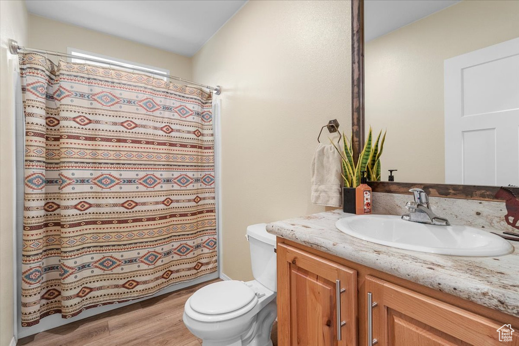 Bathroom featuring a shower with curtain, hardwood / wood-style floors, vanity, and toilet