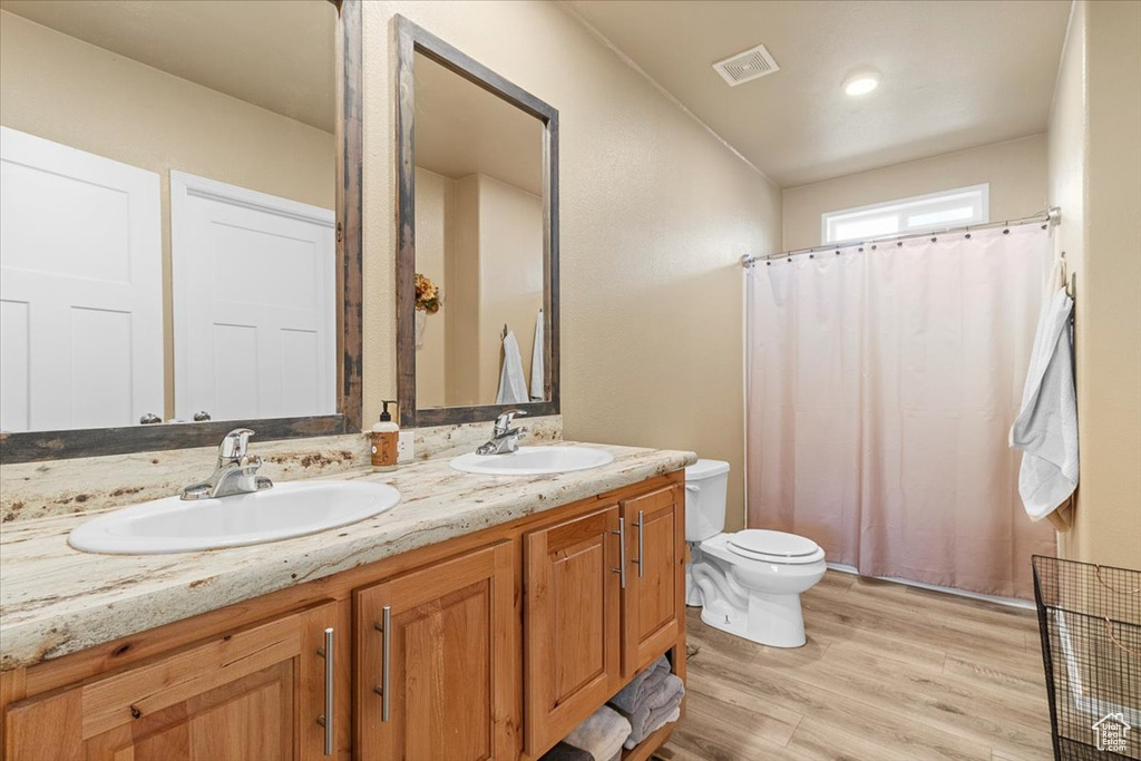 Bathroom with vanity, toilet, and wood-type flooring