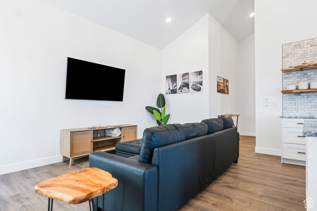 Living room featuring light hardwood / wood-style floors and high vaulted ceiling