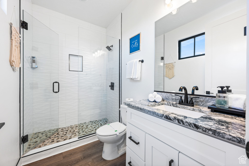 Bathroom featuring walk in shower, vanity, wood-type flooring, and toilet