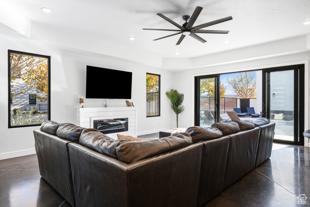 Living room featuring ceiling fan
