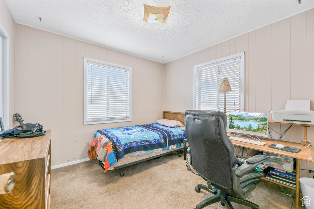 Carpeted bedroom with a textured ceiling, multiple windows, and wood walls