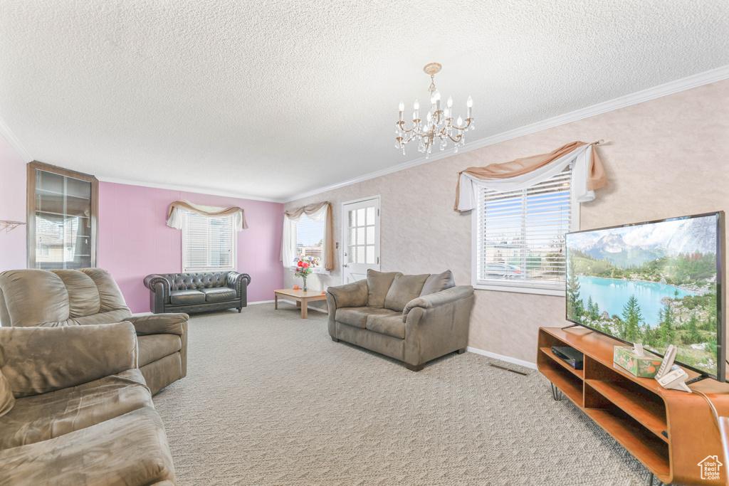 Living room with a chandelier, a healthy amount of sunlight, a textured ceiling, and ornamental molding